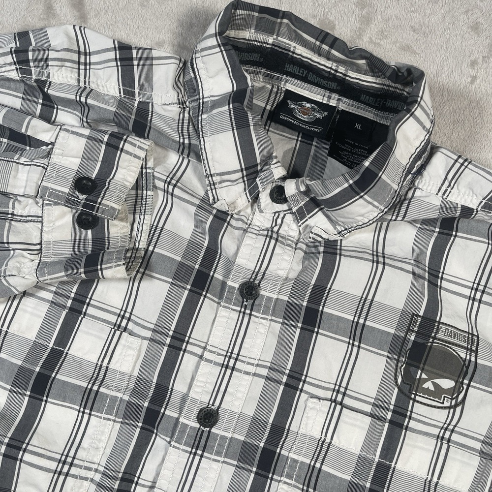 Harley Davidson Skull Shield Plaid Shirt Black White Mens XL Button‎ Down